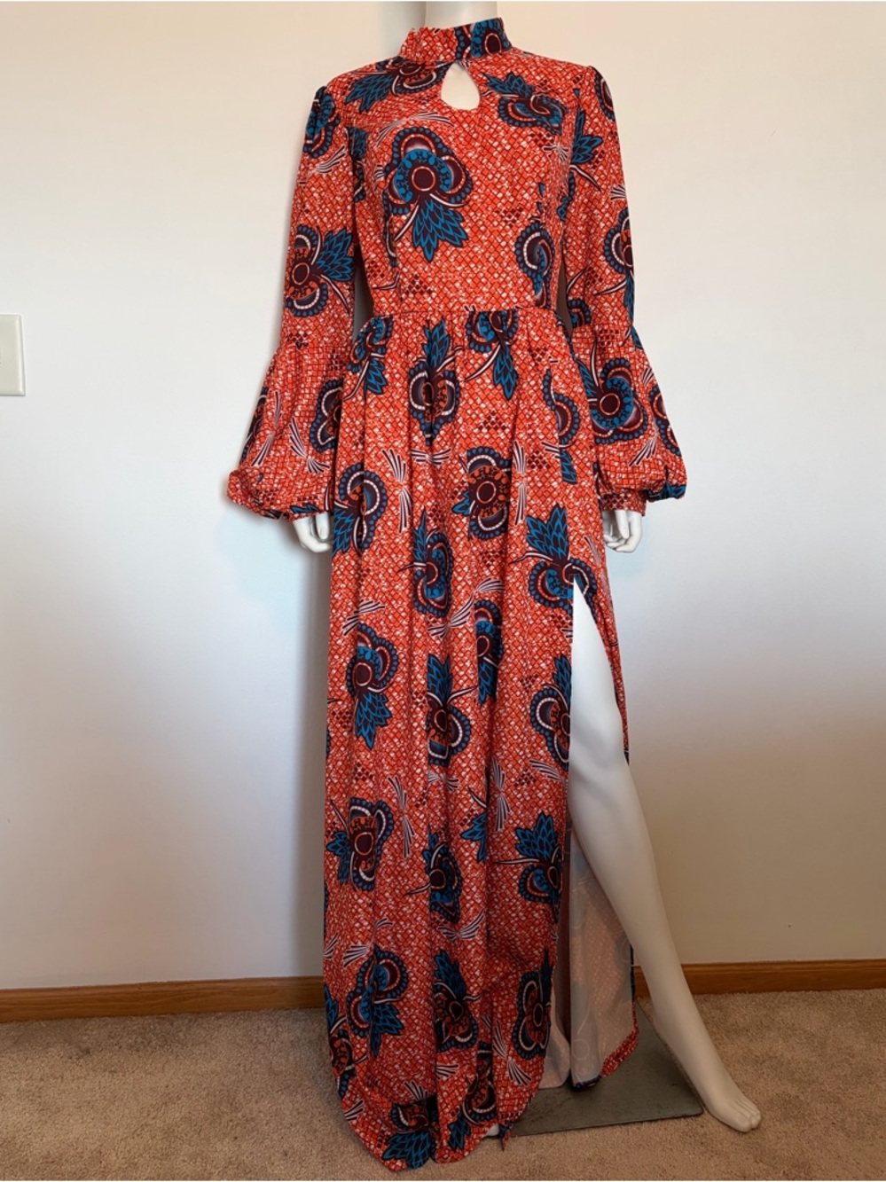 #596 Faeriesty Gorgeous High-Neck Orange Floral Maxi Dress with Side Slit - Picture 6 of 15